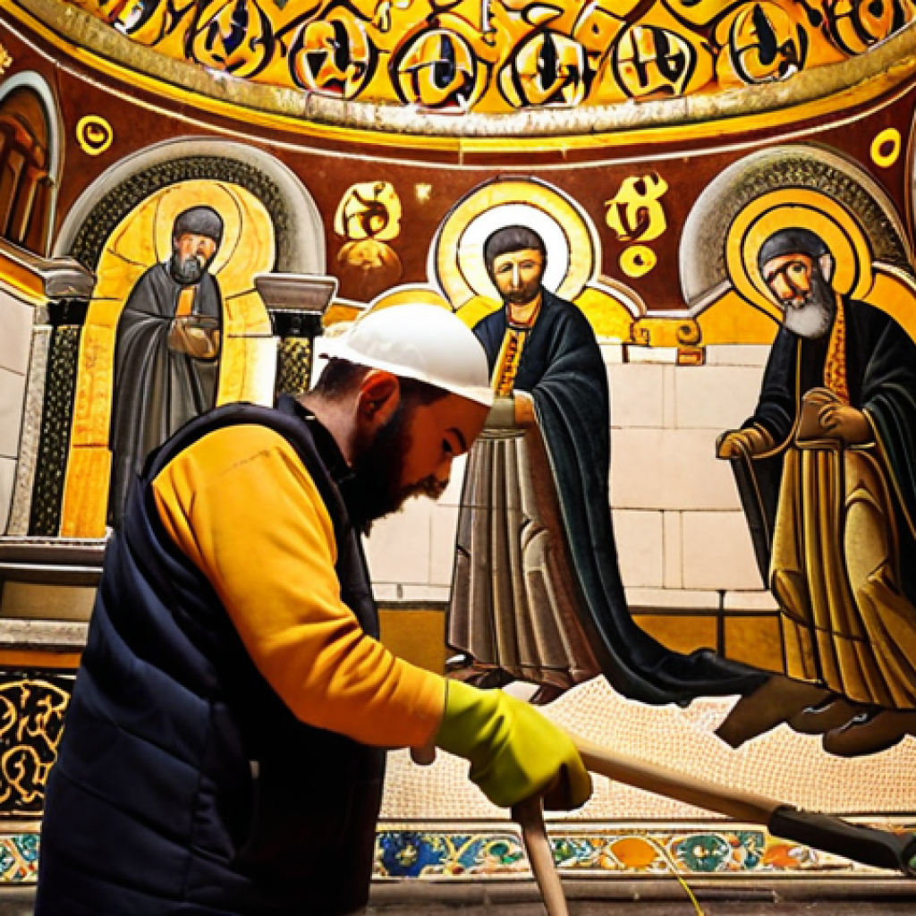 **

"Skilled artisans meticulously cleaning ancient mosaics in Hagia Sofia, Istanbul. Focus on the detail of the mosaic work and the careful process. Warm, diffused lighting."

**