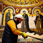 **

"Skilled artisans meticulously cleaning ancient mosaics in Hagia Sofia, Istanbul. Focus on the detail of the mosaic work and the careful process. Warm, diffused lighting."

**